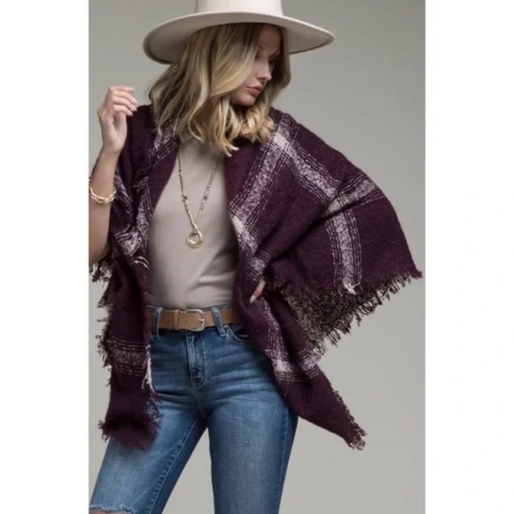 Burgundy Plaid Frayed Fringe Blanket Scarf - Picture 2 of 5